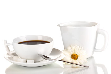 A cup of strong coffee and sweet cream isolated on white