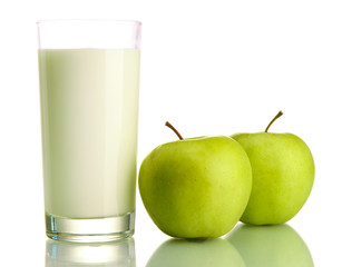 Glass of kefir and green apples, isolated on white