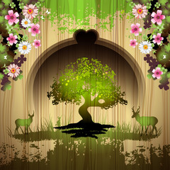 Green tree with animals and flowers