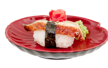 Eel sushi. Isolated over white.