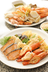 Shrimps, salmon slice, squid grilled, teppanyaki, japanese food
