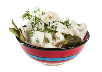 Bowl with traditional russian dish - pelmeni