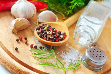 Aroma spice in the wooden spoon, spice and salt