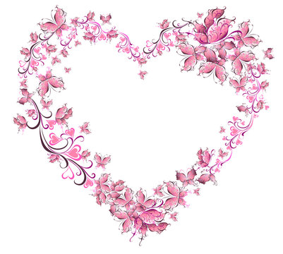 Floral Love Shape. Heart of butterflies. Valentine Day card.
