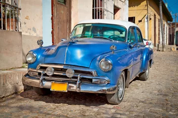 Printed roller blinds Cuban vintage cars Classic Chevrolet in Trinidad, Cuba.