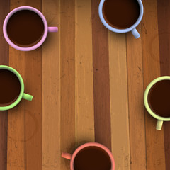 Colorful cups of coffee on wooden table