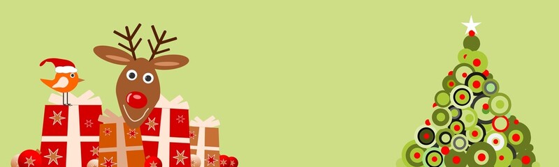 Vogel und Rentier mit Geschenken und Weihnachtsbaum