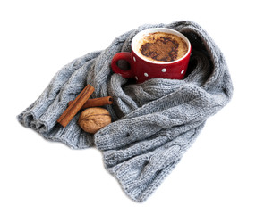 Cup of cocoa wrapped in grey scarf
