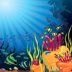 Papier peint photo autocollant rond Sous-marin Récif de corail et poisson colorés