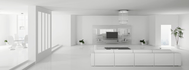 Modern weiss apartment interior panorama 3d render