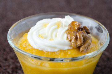pudding with pumpkin and mango closeup