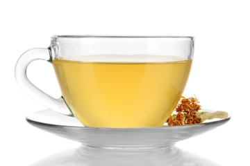 Glass cup of tea with linden isolated on white