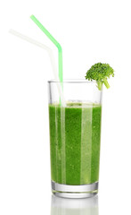 Green vegetable juice in glass isolated on white