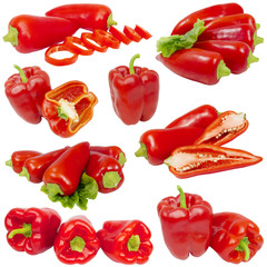 Collage from red peppers isolated on white background