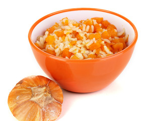 Useful pumpkin porridge in color plate isolated on white