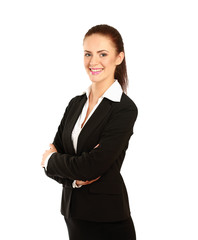 A beautiful woman standing with her arms crossed