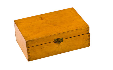 closed ancient wooden box on white
