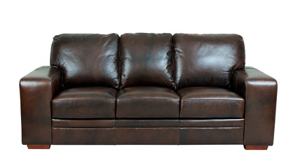 Dark brown genuine leather sofa bench isolated on white