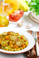 Pumpkin with chickpeas and fried bananas