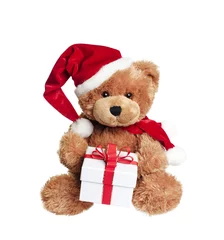 Fototapeten Cute toy bear with christmas gift on white © noeemi_fotolia