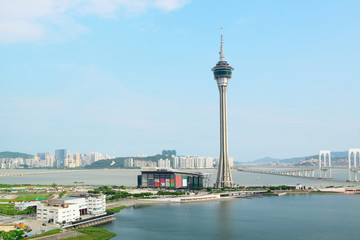 Fototapeta na wymiar Macau Tower Convention and Sai Van bridge