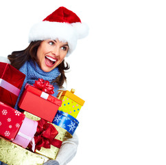 Santa helper Christmas girl with a presents.