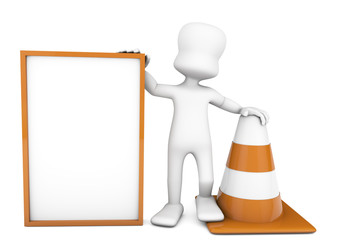 3d character holding a cone and a blank banner