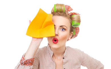 housewife holding rag / wipe with foam / soap