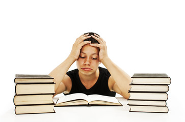 Angry student with learning difficulties on white background