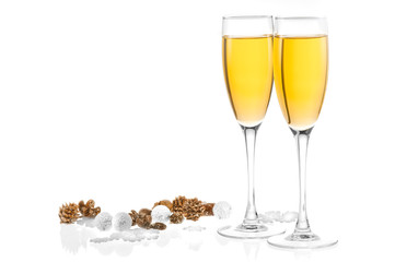Two glasses of champagne with New Year's decor