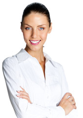 Cheerful businesswoman, over white