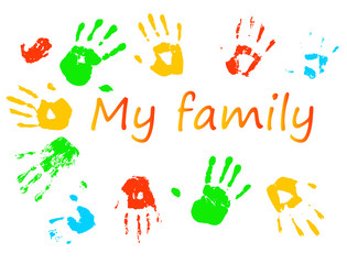 Vector background with colorful prints of palms and an inscripti