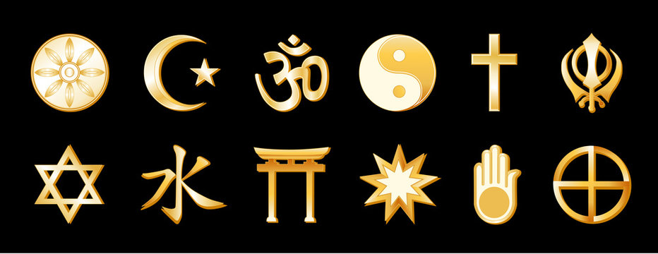World Religions, symbols of international faiths, gold icons