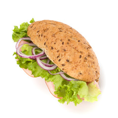 fast food baguette sandwich with lettuce, tomato, ham and chees