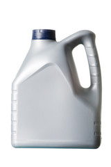 grey canister with machine oil on white background