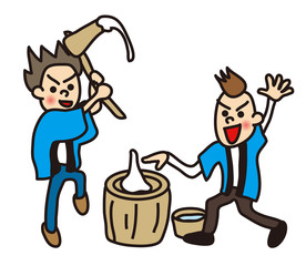 餅つきをする二人