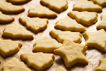 Closeup freshly baked Christmas cookies