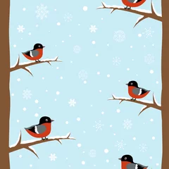 Papier Peint photo Lavable Oiseaux dans la forêt Modèle sans couture d& 39 oiseau bouvreuil hiver