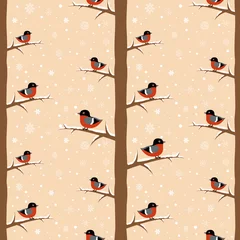 Papier Peint photo autocollant Oiseaux dans la forêt Modèle sans couture d& 39 oiseau bouvreuil hiver