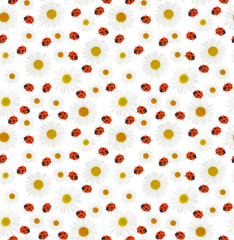 chamomiles and ladybugs tile background