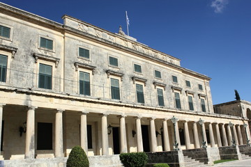 	 Palace of St Michael and St George classic Greek architecture in Corfu with columns and pillars	