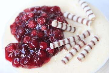 Vanillecreme mit Preiselbeeren und Schokolade