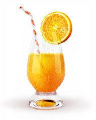 Orange juice in a glass with straw and slice.