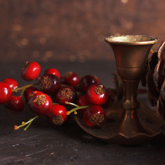 Christmas decoration with a vintage brass candlestick