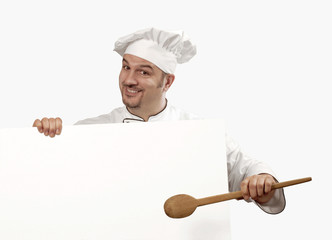 cocinero chef sujetando un panel blanco,retrato de un cocinero. - obrazy, fototapety, plakaty