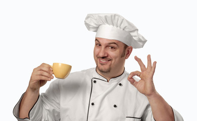 Chef cocinero bebiendo café,bebida caliente.