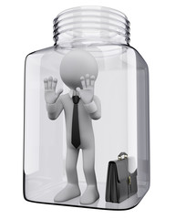 3D white people. Businessman in a glass jar
