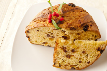 Panettone, a typical Christmas cake on a plate