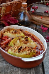 Baking cabbage with tomatoes  and small sausage
