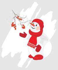 Snowman with rowan branch on the abstract background